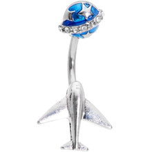 Load image into Gallery viewer, Clear Gem Blue World Traveler Airplane Double Mount Belly Ring
