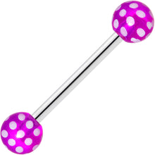 Load image into Gallery viewer, Purple White Polka Dot UV Reactive Ball Barbell Tongue Ring
