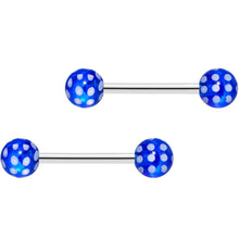 Load image into Gallery viewer, 14G 9/16 Blue White Polka Dot UV Ball Barbell Nipple Ring Set
