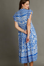 Load image into Gallery viewer, Blue Full Size Two-Tone Print Ruffle Cap Sleeve Midi Dress Plus Size Statement Piece Dress
