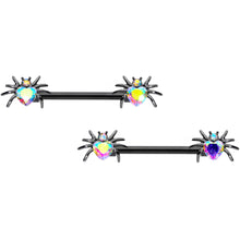Load image into Gallery viewer, 14G 5/8 Aurora Gem Sexy Heart Spider Barbell Nipple Ring Set
