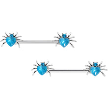 Load image into Gallery viewer, 14G 5/8 Aqua Gem Sexy Heart Spider Barbell Nipple Ring Set
