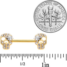 Load image into Gallery viewer, 14G 9/16 Clear Gem Gold Tone Star Skull Barbell Nipple Ring Set
