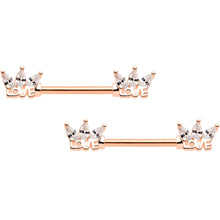 Load image into Gallery viewer, 14G 9/16 Clear Gem Rose Gold Tone Love Barbell Nipple Ring Set
