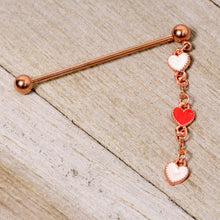 Load image into Gallery viewer, 14G Red White Rose Gold Tone Hearts Dangle Industrial Barbell 38mm
