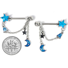 Load image into Gallery viewer, 14G 5/8 Blue Gem Rocket Star Moon Dangle Barbell Nipple Ring Set
