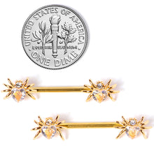 Load image into Gallery viewer, 14G 9/16 Clear Gem Gold Tone Heart Spider Nipple Ring Set
