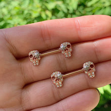 Load image into Gallery viewer, 14G Clear Gem Rose Gold Tone Star Skull Barbell Nipple Ring Set
