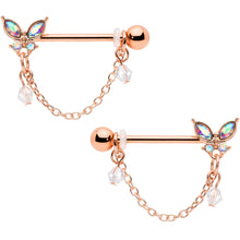 Load image into Gallery viewer, 14G 5/8 Aurora Gem Rose Gold Tone Butterfly Dangle Nipple Ring Set
