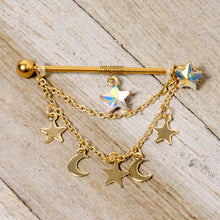 Load image into Gallery viewer, 14G Aurora Gem Gold Tone Moon Star Dangle Industrial Barbell 38mm
