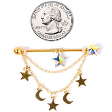 Load image into Gallery viewer, 14G Aurora Gem Gold Tone Moon Star Dangle Industrial Barbell 38mm
