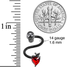 Load image into Gallery viewer, 14G 1/2 Red CZ Gem Halloween Skull Spiral Twister Belly Ring
