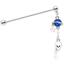 Load image into Gallery viewer, 14G Blue Faux Opal Planet Alien Dangle Industrial Barbell 38mm
