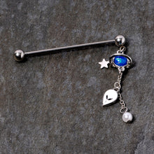 Load image into Gallery viewer, 14G Blue Faux Opal Planet Alien Dangle Industrial Barbell 38mm
