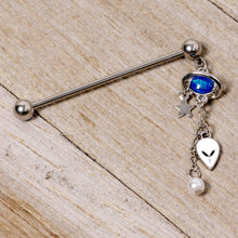 Load image into Gallery viewer, 14G Blue Faux Opal Planet Alien Dangle Industrial Barbell 38mm

