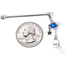 Load image into Gallery viewer, 14G Blue Faux Opal Planet Alien Dangle Industrial Barbell 38mm
