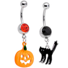 Load image into Gallery viewer, Black Red Gem Pumpkin Cat Halloween Dangle Belly Ring Set of 2
