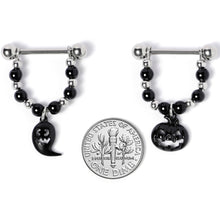 将图片加载到图库查看器，14G 5/8 Black Pumpkin Ghost Halloween Dangle Nipple Ring Set
