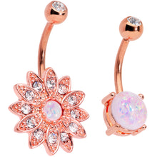 Load image into Gallery viewer, Clear Gem White Faux Opal Rose Gold Tone Flower Belly Ring Set of 2
