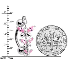 Load image into Gallery viewer, Pink Gem Band of Butterflies Top Mount Dangle Belly Ring
