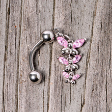 Load image into Gallery viewer, Pink Gem Band of Butterflies Top Mount Dangle Belly Ring
