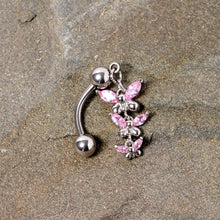 Load image into Gallery viewer, Pink Gem Band of Butterflies Top Mount Dangle Belly Ring
