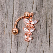 Load image into Gallery viewer, Clear Gem Rose Gold Tone Butterflies Top Mount Dangle Belly Ring

