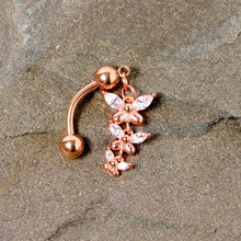 Load image into Gallery viewer, Clear Gem Rose Gold Tone Butterflies Top Mount Dangle Belly Ring
