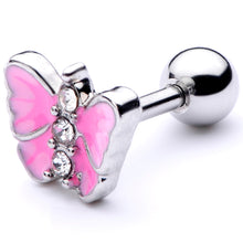 Load image into Gallery viewer, 16G 1/4 Clear Gem Pink Butterfly Cartilage Tragus Earring
