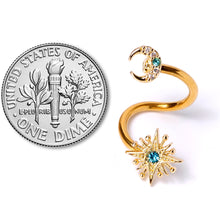Load image into Gallery viewer, 14G 3/8 Clear Blue Gem Gold Tone Moon Star Spiral Twister Belly Ring
