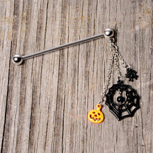 Load image into Gallery viewer, 14G Spiderweb Pumpkin Halloween Dangle Industrial Barbell 38mm
