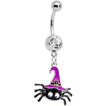 Load image into Gallery viewer, Clear Gem Black Purple Witchy Spider Halloween Dangle Belly Ring

