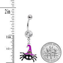 Load image into Gallery viewer, Clear Gem Black Purple Witchy Spider Halloween Dangle Belly Ring
