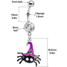 Load image into Gallery viewer, Clear Gem Black Purple Witchy Spider Halloween Dangle Belly Ring

