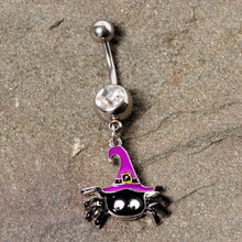 Load image into Gallery viewer, Clear Gem Black Purple Witchy Spider Halloween Dangle Belly Ring

