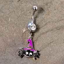 Load image into Gallery viewer, Clear Gem Black Purple Witchy Spider Halloween Dangle Belly Ring
