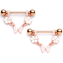 Load image into Gallery viewer, 14G 5/8 Gold Tone White Flower Butterfly Dangle Nipple Ring Set
