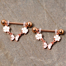 Load image into Gallery viewer, 14G 5/8 Gold Tone White Flower Butterfly Dangle Nipple Ring Set
