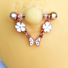 Load image into Gallery viewer, 14G 5/8 Gold Tone White Flower Butterfly Dangle Nipple Ring Set

