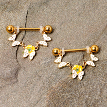 Load image into Gallery viewer, 14G 5/8 Green Gem Gold Tone Butterfly Dangle Nipple Ring Set
