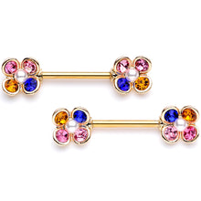 Load image into Gallery viewer, 14G 9/16 Pink Blue Gem Gold Tone Flower Barbell Nipple Ring Set
