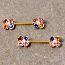 Load image into Gallery viewer, 14G 9/16 Pink Blue Gem Gold Tone Flower Barbell Nipple Ring Set
