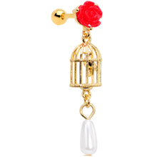 Load image into Gallery viewer, 16G 1/4 Red Flower Gold Tone Birdcage Dangle Cartilage Tragus
