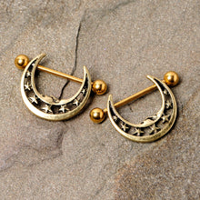 Load image into Gallery viewer, 14G 7/8 Gold Tone Starry Crescent Moon Nipple Shield Set
