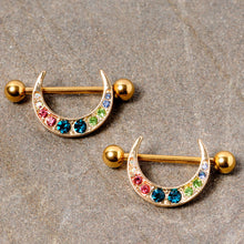 Load image into Gallery viewer, 14G 7/8 Multicolor Gem Gold Tone Crescent Nipple Shield Set

