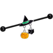Load image into Gallery viewer, 14G Black Cat Witch Hat Black Halloween Industrial Barbell 38mm
