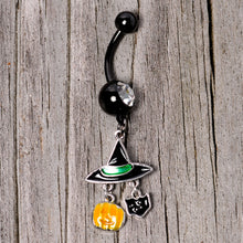 Load image into Gallery viewer, Clear Gem Black Cat Witch Hat Halloween Dangle Belly Ring
