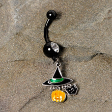 Load image into Gallery viewer, Clear Gem Black Cat Witch Hat Halloween Dangle Belly Ring
