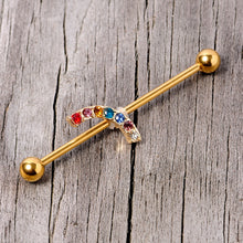 Load image into Gallery viewer, 14G Red Blue Gem Gold Tone Rainbow Arc Industrial Barbell 38mm

