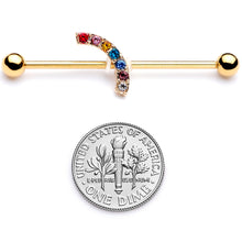 Load image into Gallery viewer, 14G Red Blue Gem Gold Tone Rainbow Arc Industrial Barbell 38mm
